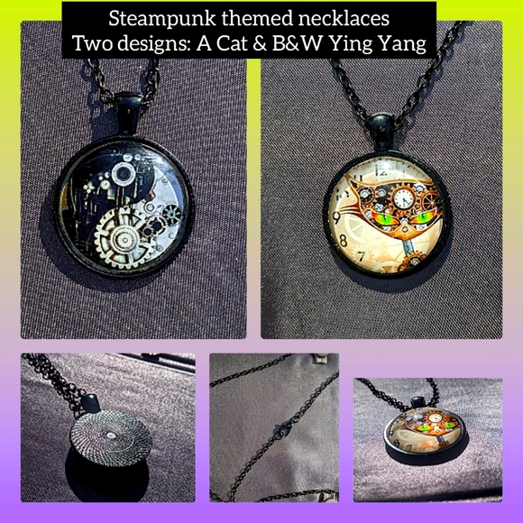 5/$25 Steampunk cat or b&w ying yang gears resin glass pendant necklace new - Picture 1 of 6